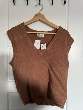Poof! Ribbed V-Neck Knit Vest in Rust Brown